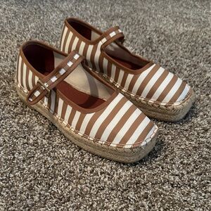 Striped Espadrille Mary Jane Flats in Brown and White
